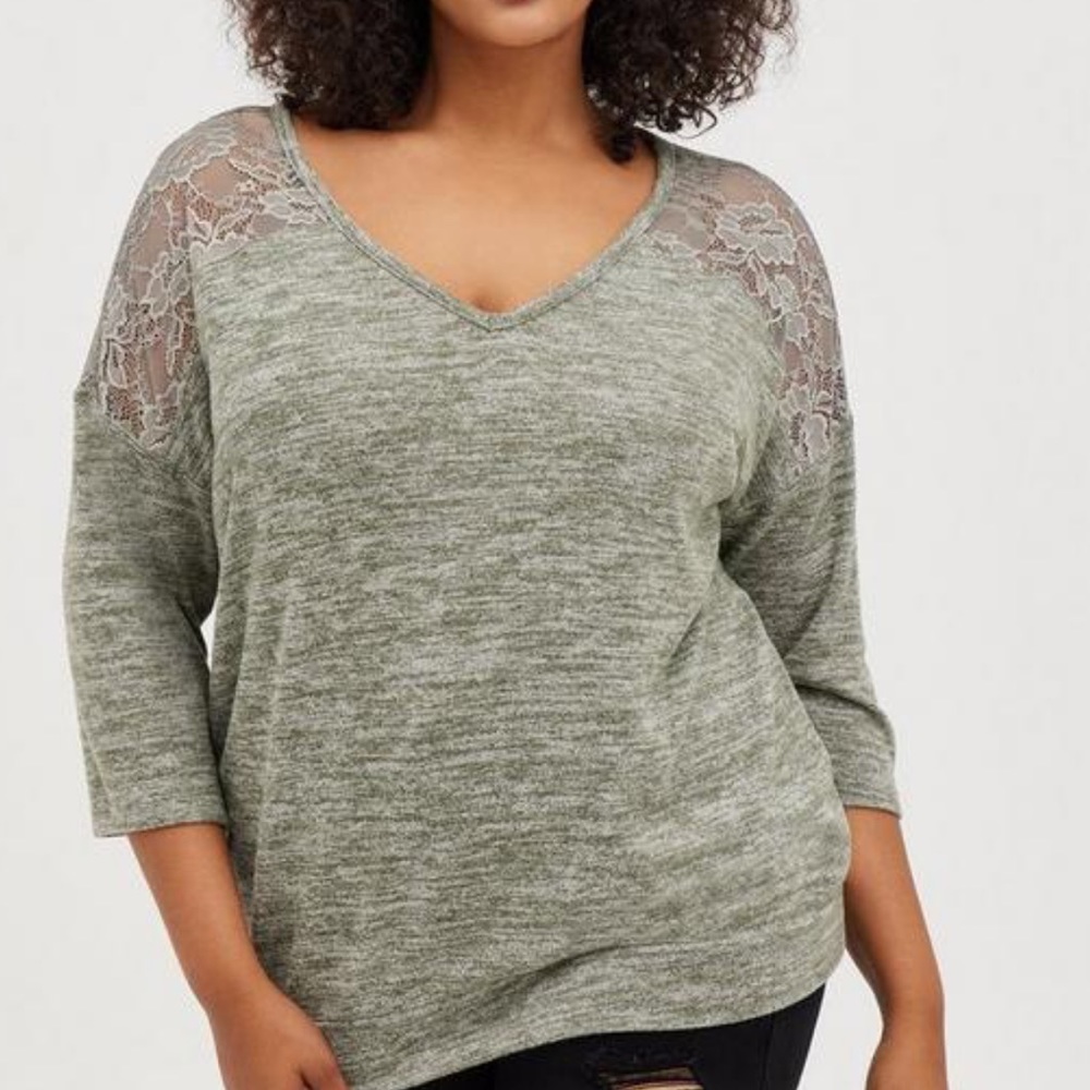 Relaxed Fit Super Soft Plush V-Neck Lace Yoke Dolman Top